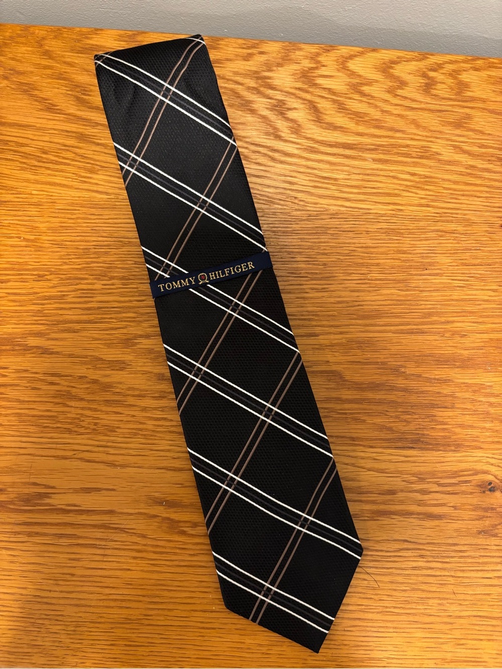 Tommy Hilfiger Black Tie with White and Brown Plaid
